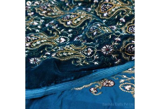 Teal Blue Paisley Embroidery Fabric by the yard Wedding Dress Costumes Sewing DIY Crafting Home Decor Velvet Embroidered Fabric